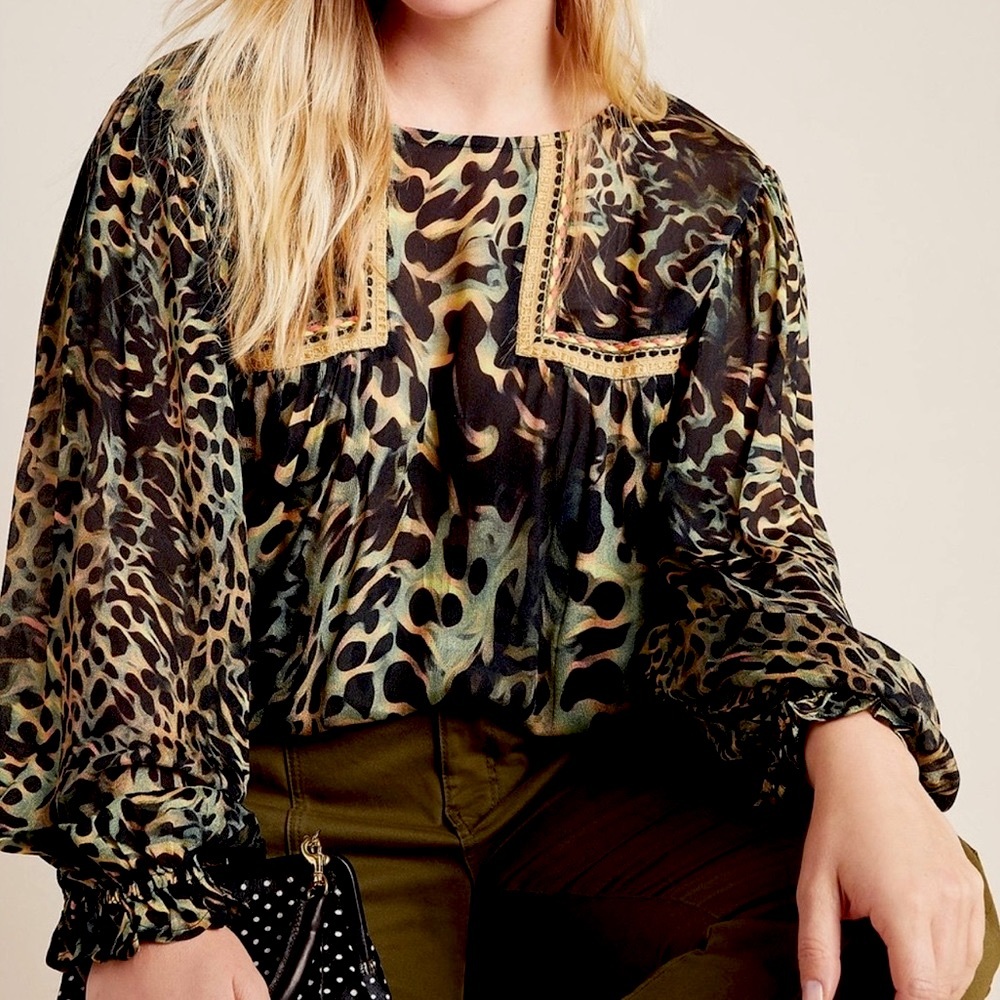 Anthropologie Olive, Black and Tan Leopard-Print Long Sleeve Blouse